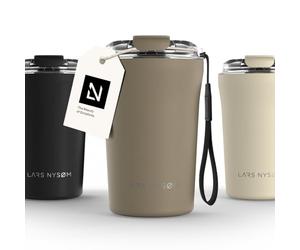 LARS NYSØM Mug Isotherme Cafe to-go avec sangle et couvercle en tritan 380ml | Tasse de voyage 0.38 litre avec isolation | Tasse thermique étanche en acier inoxydable (Taupe Brown, 380ml)