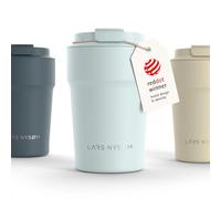 LARS NYSØM Thermo Coffee Mug-to-go 380ml | Tasse de voyage 0.38 litre avec isolation | Base en silicone | Tasse thermique étanche en acier inox pour café ou thé (Misty Blue - Powder, 380ml)