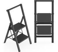 LARS360 Alu Escabeau 2 marches avec main courante Escabeau pliant Tabouret antidérapant Escabeau à marches polyvalent Escabeau pliant Escabeau à marches jusqu'à 250 kg