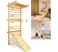 LARS360 Espalier 6 en 1 Mur d'escalade Mur d'escalade avec toboggan, barre de traction et anneaux de gymnastique Appareils de gymnastique en bois Cadres d'escalade