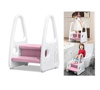 LARS360 Marchepied pour enfant - Tour d'apprentissage - Marchepied debout avec 2 marches - Structure pyramide - Sécurité - Pour enfants de 2 à 5 ans - 45 x 39,5 x 61 cm - Rose