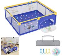 LARS360 Parc pour bébé 180 x 200 cm, Bleu avec motifs d'animaux, Aire de jeux avec base antidérapante, Tente de jeux portable et barrière de protection pour bébé