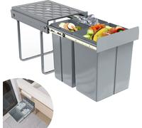 LARS360 Système de tri des déchets de cuisine Poubelle encastrable Trieur de déchets pour la cuisine - 3 collecteurs amovibles avec rails télescopiques, gris (1x20L + 2x10L)