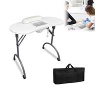 LARS360 Table de manucure pliable avec aspiration, pour salon de manucure, mobile avec roulettes, coussin, tiroir et sac de rangement (blanc)