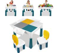 LARS360 Table d'enfant avec 2 chaises + 163 pièces de briques de construction Table polyvalente pour le petit enfant Table de jeu Meubles pour enfants Groupe de sièges pour enfants