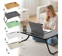 LARS360 Table d'ordinateur portable en noyer pour lit & canapé 60 x 40 x 28 cm, Table pliante avec porte-boisson, slot pour ordinateur portable et slot pour tasse, Table d'ordinateur portable stable e