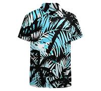 LARSD Chemise à boutons vintage années 80 pour homme - Style rétro hawaïen - Style disco - Style rétro, Feuilles noires et bleues, XX-Large