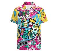 LARSD Chemise boutonnée des années 80 pour homme - Style rétro hawaïen - Pour la plage - Néon - Disco - Chemise de fête amusante, Né dans les années 90, Taille M