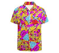 LARSD Chemise de plage style rétro années 80 pour homme - Style rétro hawaïen - Pour fête disco, 80s 90s rose jaune, Taille L