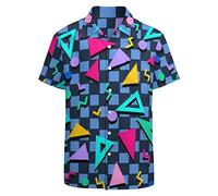 LARSD Chemises des années 80 pour homme - Chemise boutonnée vintage rétro hawaïenne - Chemise de plage amusante fluo disco, Bleu géométrique des années 80, Taille M