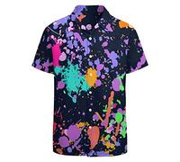 LARSD Chemises des années 80 pour homme - Chemise boutonnée vintage rétro hawaïenne - Chemise de plage amusante fluo disco, Violet éclaboussures des années 80, Taille L