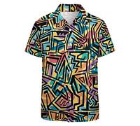 LARSD Chemises des années 80 pour homme - Chemise boutonnée vintage rétro hawaïenne plage néon disco fête amusante, Jaune géométrique des années 80, XX-Large