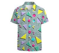 LARSD Chemises des années 80 pour homme - Chemise boutonnée vintage rétro hawaïenne plage néon disco fête amusante, Vert géométrique des années 80, Taille M
