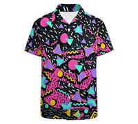 LARSD Chemises des années 80 pour Homme - Chemise boutonnée Vintage rétro hawaïenne Plage néon Disco fête Amusante, Années 80 90 Noir Rose, Taille XL