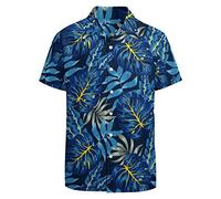 LARSD Chemise à boutons vintage années 80 pour homme - Style rétro hawaïen - Style disco - Style rétro, Bleu marine tropical., Taille 5XL