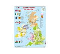 Larsen K18 Puzzle Carte Politique de la Grande-Bretagne et de l’Irlande pour Enfants - 48 Pièces avec Cadre, Drapeaux et Armoiries - Édition Anglaise
