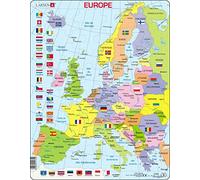 Larsen K2 Puzzle Éducatif Carte Politique de l’Europe - Pays, Capitales & Drapeaux - Puzzle Cadre en Carton Épais 48 Pièces - Apprentissage Géographie Enfant