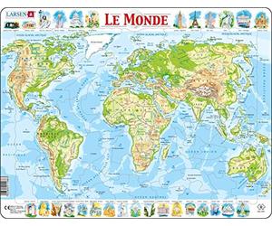 Larsen K4 La Carte Physique du Monde, édition Français, Puzzle Cadre avec de 80 pièces