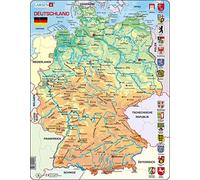 Larsen K40 Puzzle Carte Physique de l’Allemagne pour Enfants - 50 Pièces avec Cadre et Plateau Guidé - Découverte des Reliefs et Rivières