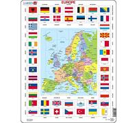 Larsen KL1 Puzzle Europe Drapeaux et Capitales - Carte Politique Éducative - Puzzle Cadre Double Défi - Géographie Enfants 7-12 Ans - 70 Pièces