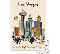 Las Vegas Skyline Illustration Puzzle Adulte 1000 Pièces, 38x26cm/1000pcs; Pièces Blanches avec Peu De Poussière; pour Les Amateurs De Défis Détaillés