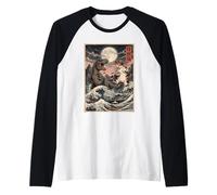 Laser Cat vs T-Rex Kaiju Bataille Japonaise Pleine Lune Manche Raglan
