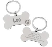 LASERO’ Medaille Chien avec Gravure Personnalisée - Forme Os 50×30mm Acier Inox - Médaille Chien Gravée avec Nom & Adresse Recto/Verso - 4 Symboles - Plaque ID Chien Silencieuse - Argent