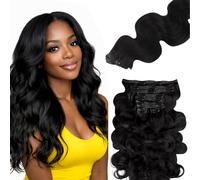 Lashey - Extensions de cheveux humains à clipser sans couture - 150 g - 9 pièces - 55,9 cm - Ondulation naturelle - #1 Noir de jais - Extensions de cheveux humains à clipser pour femme