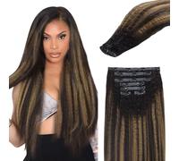Lashey Extensions de Cheveux Noir Naturel Mélangé à Brun Châtain Kinky Raides Extension à Clip Sans Couture 7 Pièces 110g 60cm 24 Pouces Extensions Cheveux Naturels à Clips Pour Femmes