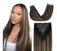 Lashey Extensions de Cheveux Noir Naturel Mélangé à Brun Châtain Yaki Raides Extension à Clip Sans Couture 7 Pièces 110g 35cm 14 Pouces Extensions Cheveux Naturels à Clips avec Bord Invisible