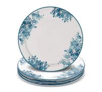 Lashuma Lot de 4 assiettes plates rondes en céramique Motif fleurs Bleu gentiane Diamètre 25 cm