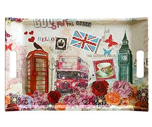 Lashuma Plateau de service rectangulaire en mélamine, Grand plateau en plastique coloré 47x31 cm, Motif: Londres
