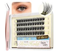 LASHVIEW Cils pré-collés en grappe - Cils autocollants - Sans colle - 72 pièces - Courbure D - Cils réutilisables pré-collés - Cils en grappe duveteux - Kit avec pincettes pour débutantes (ZN23X)