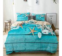 LASINSU Beige Parure de lit，Frontière Automatique avec des Coquillages et des Planches en Bois peintes Bleu Turquoise colorées,1 Housse de Couette 220x240cm+2 Taies d'Oreillers 63x63CM