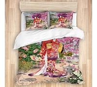 LASINSU Parure de lit Adulte,Geisha Art Japonais,1 Housse de Couette 240x260cm+2 Taies d'Oreillers 50X75CM