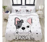 LASINSU Parure de lit Adulte,Housse de Couette,Mignon Chiot Bouledogue français sur Polka,1 Housse de Couette 200x200 cm+2 Taies d'Oreillers 63x63 CM