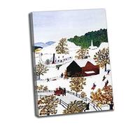 Lasite Grandma Moses《Ski》Impressions Sur Toile D'art Mural Salon Décorations de Chambre à Coucher Tendue et Encadrée Decoration à La Maison Tableaux（45x63cm） 18x25inch,Encadrée