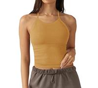 LASLULU Soutien-gorge de sport sans couture pour femme - Dos nageur - Bretelles spaghetti - Rembourré - Dos nu - Style décontracté, jaune, Taille S