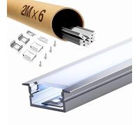 LASLUX 6 profilés en aluminium de 2 mètres pour bandes LED (12 m), conduits avec couverture mate, max 16,7 mm, profil aluminium 26,7 x 10 mm