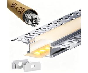 LASLUX Lot de 30 profilés LED pour cloison sèche - 2 m - Pour bandes LED de 20 mm - Profilés encastrés en aluminium pour cloison sèche, canal LED, diffuseur, plafond, mur, éclairage indirect (profil