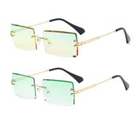 LASPOR Lot de 2 paires de lunettes de soleil rectangulaires sans monture pour homme et femme - Style vintage rétro - Carrées - Doré - Métal - Verres teintés - Vert + jaune - 58 mm