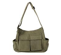 LassZone Grand sac à bandoulière en toile pour homme et femme, sac à bandoulière en denim doux avec plusieurs poches et sangle réglable pour voyage, travail, école, Vert, 12.6x5.91x14.17 inches