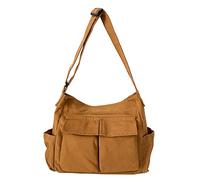 LassZone Grand sac à bandoulière en toile pour homme et femme, sac à bandoulière en denim doux avec plusieurs poches et sangle réglable pour voyage, travail, école, marron, 12.6x5.91x14.17 inches