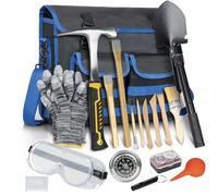 LASUK Kit de marteau de géologie 28 pièces, outil de prospection et d'extraction d'or, y compris marteau, pelle, ciseau en bois, loupe, sacs en plastique, sifflet, lunettes, boussole