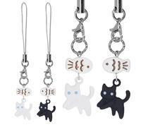 lasuroa 2pcs Charms Téléphone Chat Mignon, Cordons Téléphone Kawaii en Forme Chat et Poisson Pendentifs Suspendus Décoratifs pour Amis Couples Amoureux Téléphones Porte-Clés Portefeuille (Noir, Blanc)