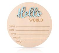 lasuroa Pancarte de Naissance Bébé, 15cm en Bois Hello World Panneau Bienvenue pour Nouveau-Né Annonce Naissance avec Plaque Nominative pour Hôpital Chambre D’enfant (Bleu Fluo)