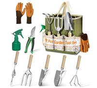 LASZOLA Ensemble d'outils de jardin 9 pièces avec sac fourre-tout et pelle râteau à main, kit de jardinage robuste en acier inoxydable pour plantes d'extérieur, organisateur de sac à main portable