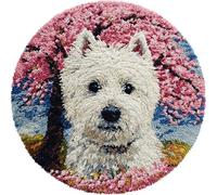 Latch Hook Rug Kits for Adults Beginners,Grive terrestre blanche des Highlands de l'Ouest sous le cerisier en fleurs,DIY Printed Canvas Crochet Handmade Embroidery Crafts for Home Decoration,50x50cm