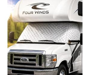 Latch.IT RV Front Windshield Cover Class C | Front Motorhome, Trailer and Camper Windshield Cover w/Mirror Cutouts & Corner Bands | Compatible for Ford 1997-2025 | RV Wind Shield Sunshade