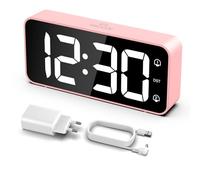 LATEC Réveil Numérique, Réveil LED avec Adaptateur, Luminosité et Volume Réglable, 5,8" Grand écran Horloges avec 2 Alarmes, Fonction Snooze, 12/24H pour Bureau de Chambre(Rose)